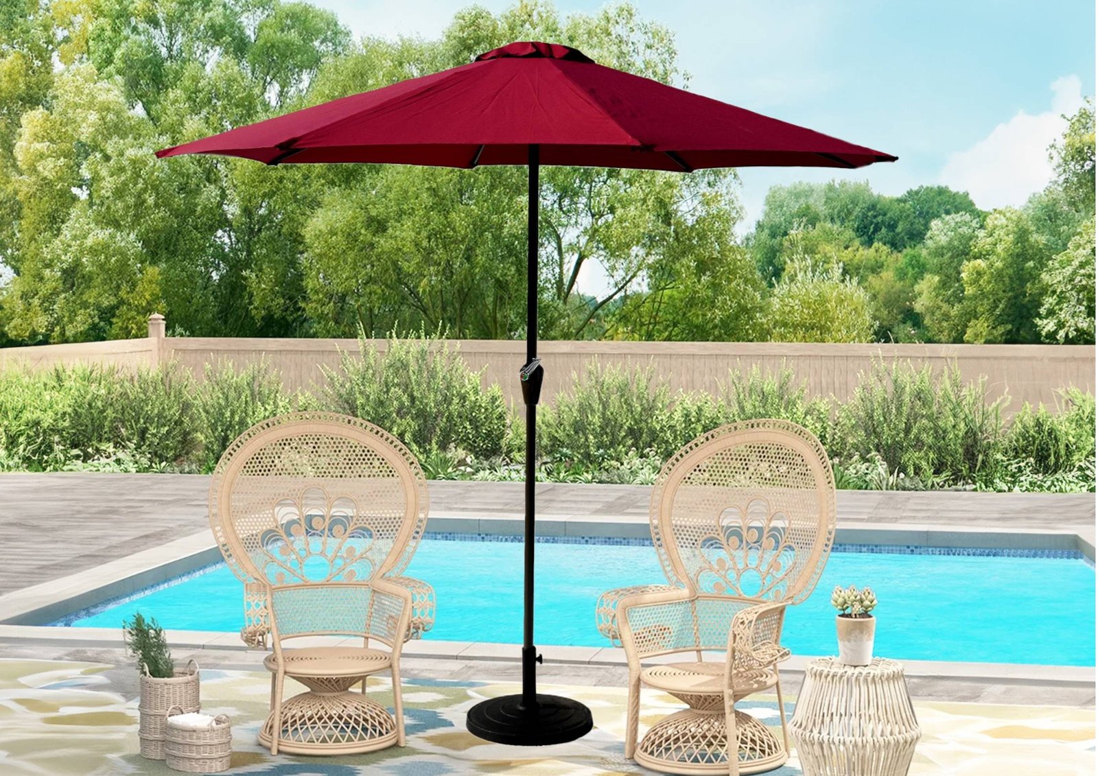 9ft Outdoor Round Waterproof Patio Umbrella with Centre Pole Stand Ideal for Garden & Balcony (Red)