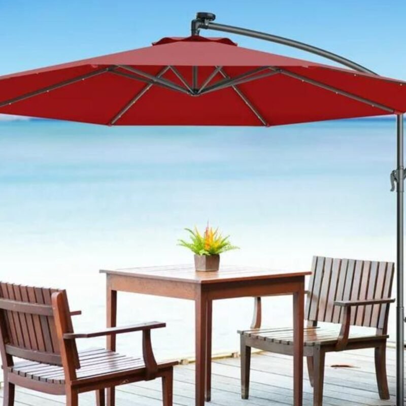 9 Ft Outdoor Offset Cantilever Patio Umbrella with Marble Base & Crank Handle for Backyard(Red) - Image 7