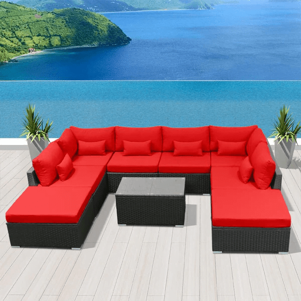 Outdoor 8 Seater Black Rattan Sectional Sofa Set with Red Cushions