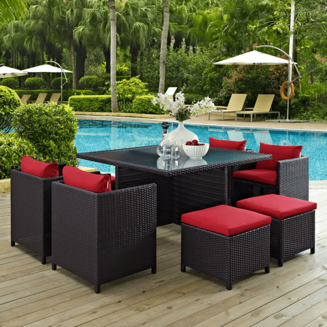 7 Piece Outdoor Wicker Dining Set With Ottoman And Table(Dark Brown & Red)Table Without Glass Top