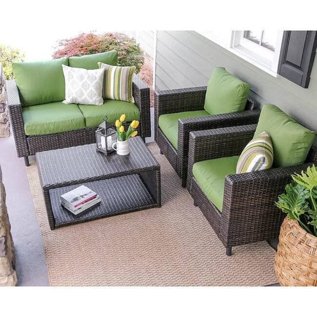 4 Piece Outdoor Patio Wicker Conversation Arm Sofa Set with 2 Tier Center Table (Dark Brown & Green) - Image 3