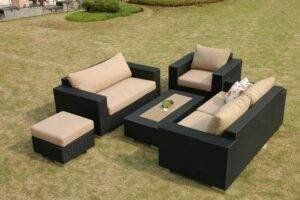 5 Piece Outdoor HDPE Wicker Sectional Sofa Conversation Set with Center Table and Ottoman(Black & Cream)