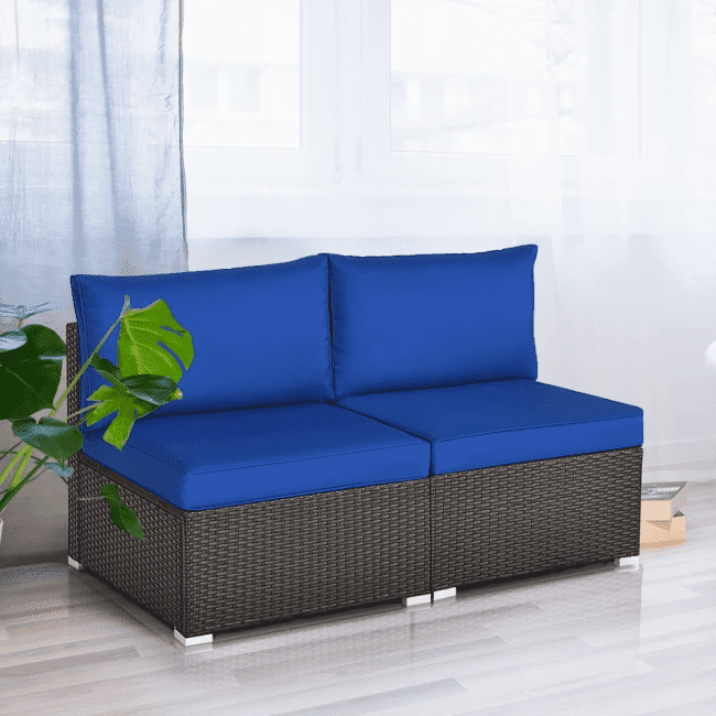 2 PCS Patio Rattan Armless Sofa Sectional Furniture (Black & Blue) - Image 2