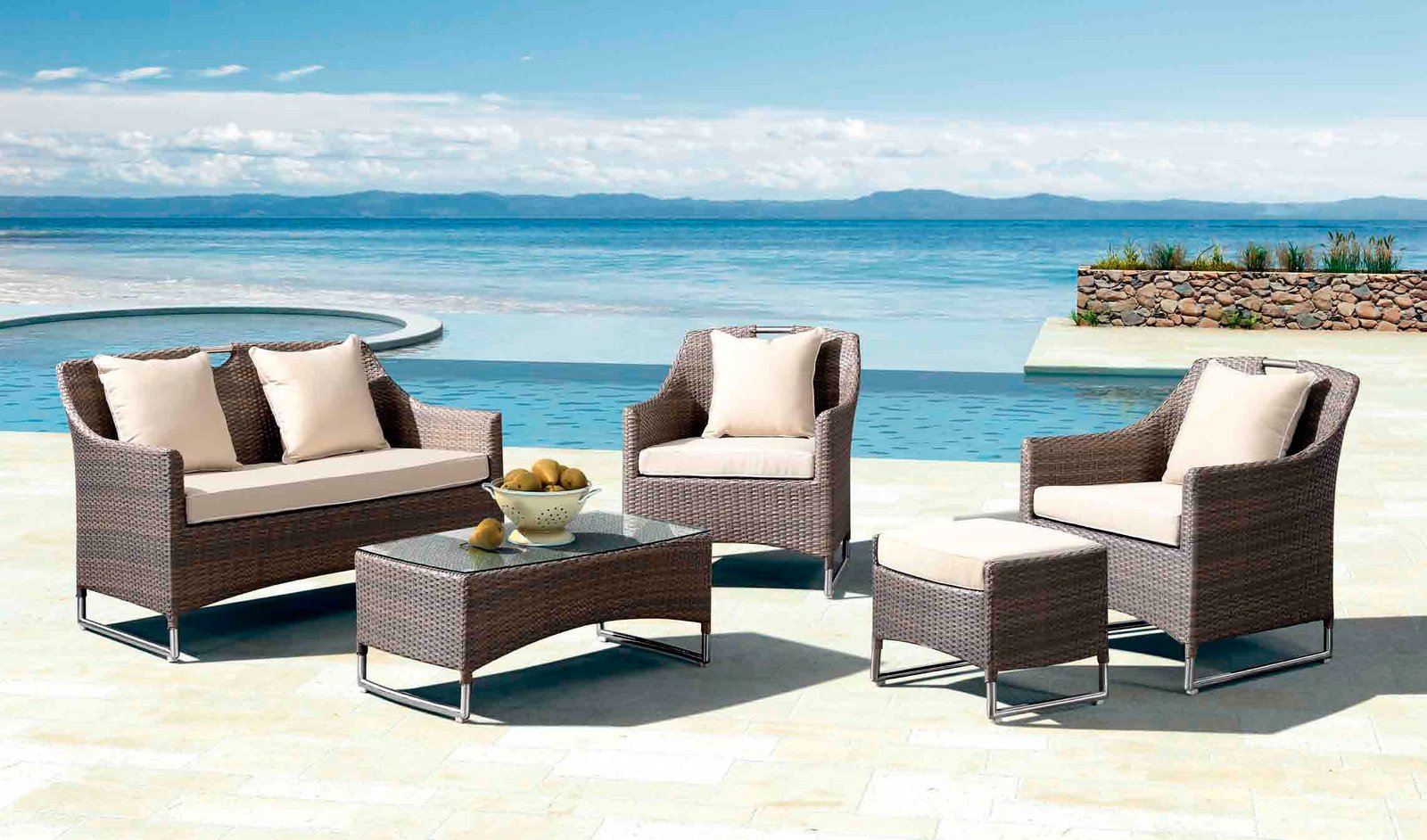 5 Piece Patio Set with Glass Top Coffee Table Rattan Sectional Sofa (Dark Brown & Cream)