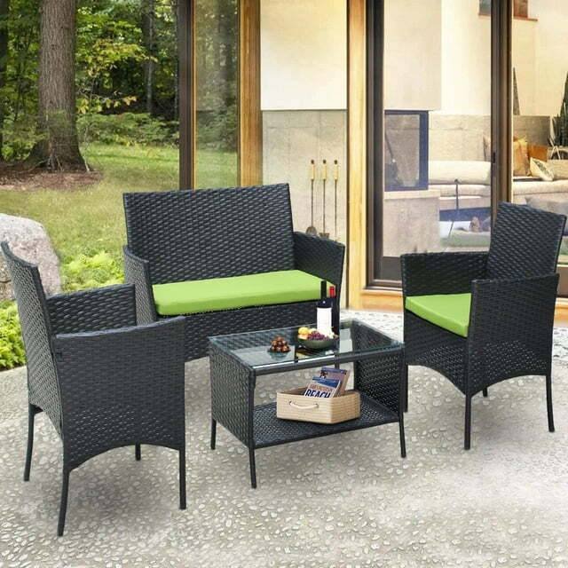 Outdoor 4 Piece All-Weather HDPE Wicker Patio Set with 2-Tier Glass Top Coffee Table (Black & Green)