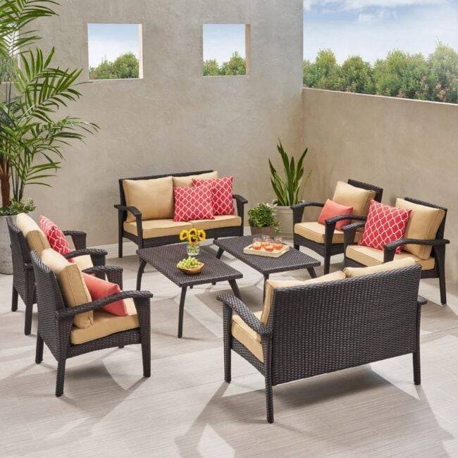 Dark Brown 8 Seater Outdoor Wicker Conversation Set with 2 Center Table and Arm Chair Sofa