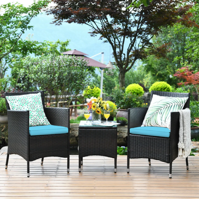 Outdoor 3 Piece Rattan Wicker Bistro Set with Glass Top Center Table (Dark Brown & Sky-blue)