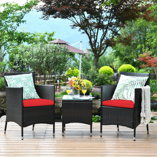 3 Pieces Patio Outdoor Wicker Bistro Set(Dark Brown & Red)