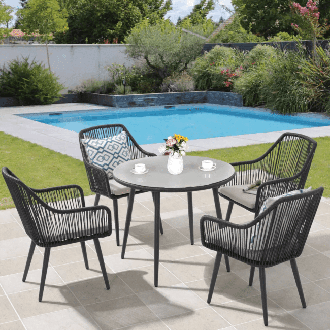 Outdoor Rope 5 Piece Dining Set(Black & Grey) Table Top: Without glass