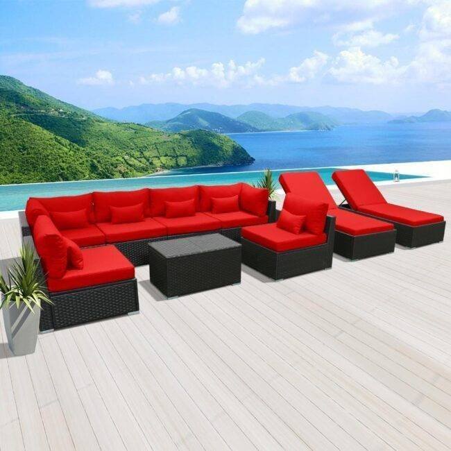 Outdoor Wicker Sofa With Glass Top Center Table & Waterproof Lounger (Black & Red)