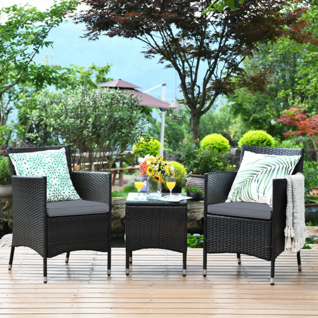 3 Pieces Patio Outdoor Wicker Bistro Set (Dark Brown & Grey)