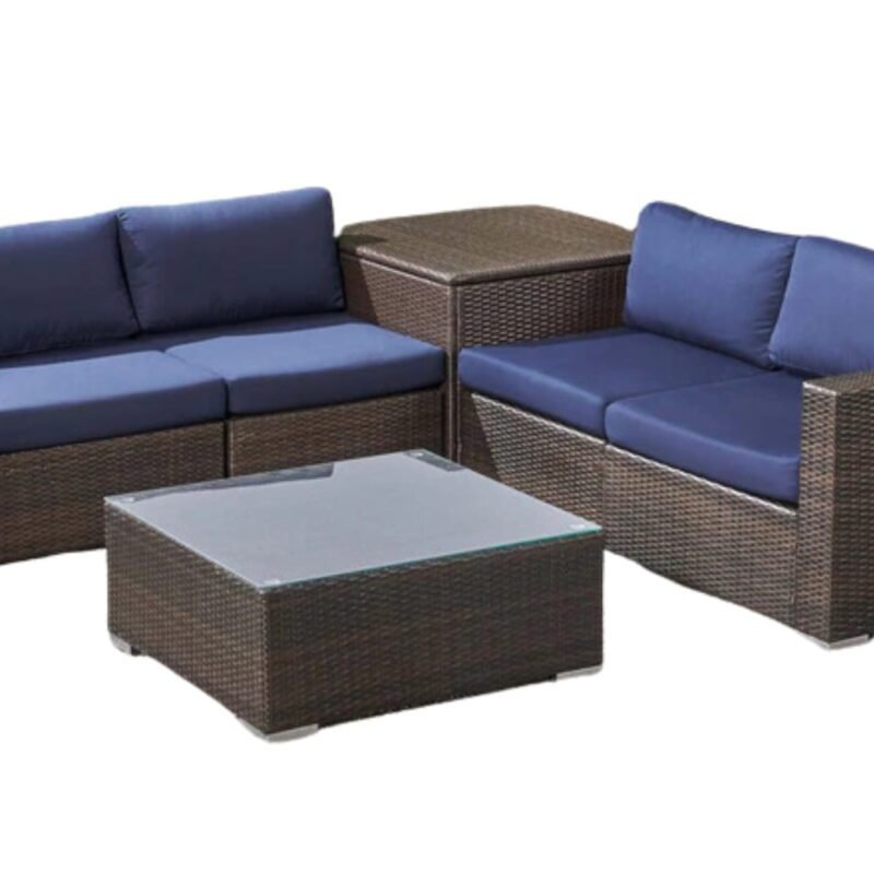 4 Piece Outdoor Wicker Furniture Patio Sofa Set with Glass Top Coffee Table and Side Table(Dark Brown & Navy Blue) - Image 4