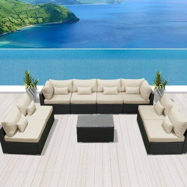 Outdoor Conversation Set 8 Seater Sectional Sofa (Black & Cream)