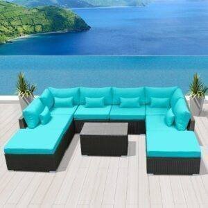 8 Seater Black Rattan Sectional Sofa Set With Sky Blue Cushions