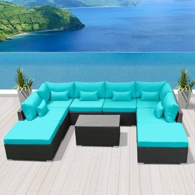 8 Seater Black Rattan Sectional Sofa Set With Sky Blue Cushions