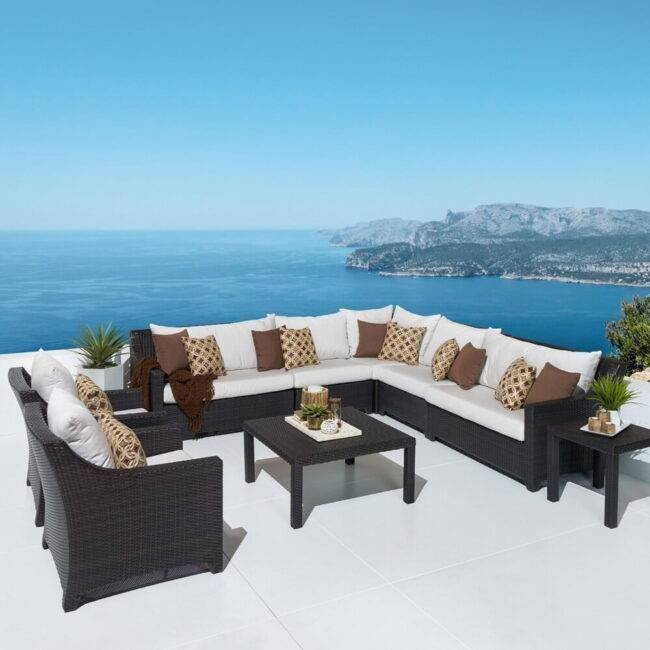 Outdoor Rattan Waterproof 9 Seater Sectional Sofa Set with Side and Center Table (Dark Brown & White)