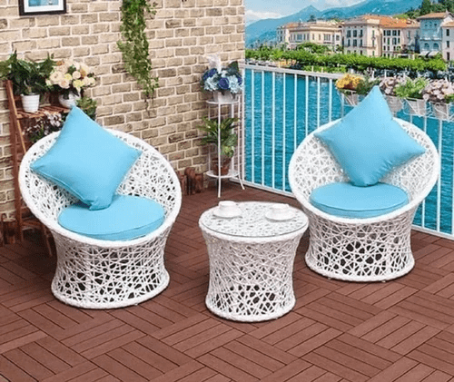 3 Piece Outdoor Rattan Wicker Bistro Patio and Glass Top Table(White & Sky Blue)