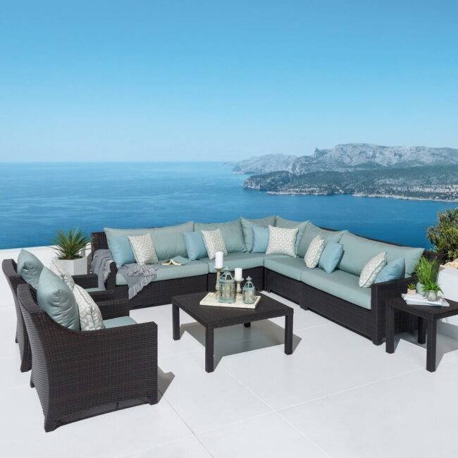 Wicker Rattan Outdoor 9 Seater Sectional Sofa Conversation Set with Side and Center Table(Dark Brown & Sky Blue)