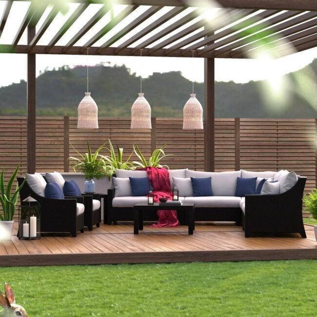All Weather Outdoor Wicker Garden Sectional Conversation Set with Side and Center Table(Dark Brown & White)