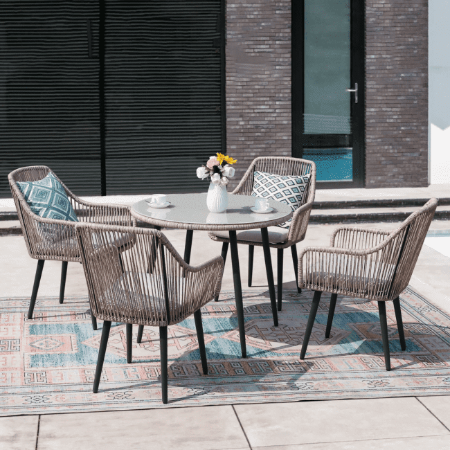 Outdoor Rope 5 Piece Dining Set(Beige & Grey) Table Top: Without glass