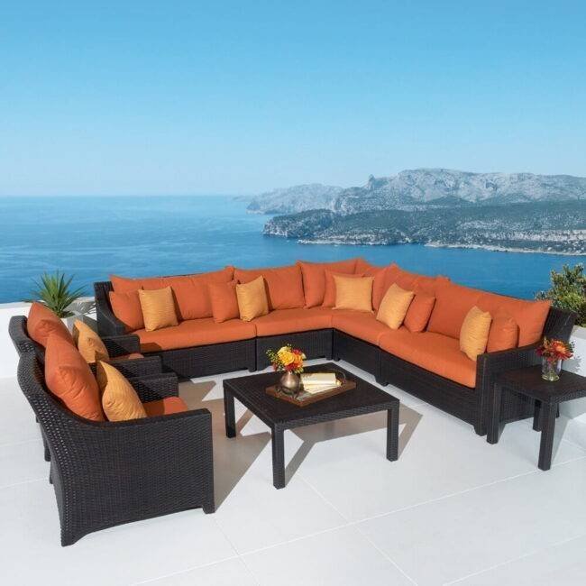 L-Shape Wicker Rattan Waterproof Outdoor Sectional Sofa with Side and Center Table (Dark Brown & Orange)
