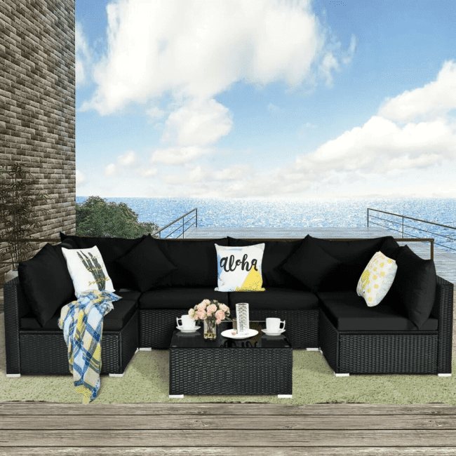 6 Seater Black Wicker Rattan All Weather Furniture with Glass Top Table