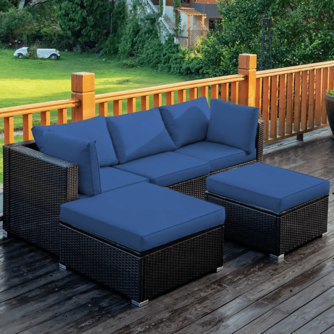3 Piece HDPE Wicker Rattan Garden Outdoor Sofa Furniture Set with Ottoman (Dark Brown & Blue)