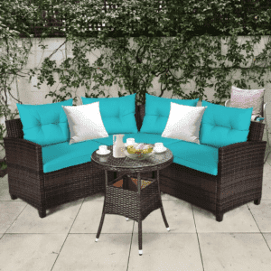 4 Seater Wicker Outdoor Patio Set with Chair Round Glass Top Table(Dark Brown & Sky Blue)
