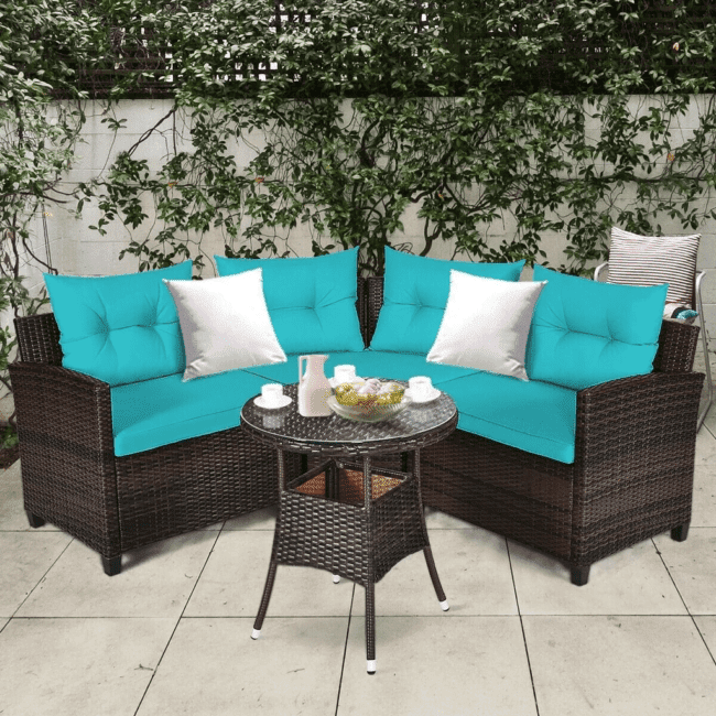 4 Seater Wicker Outdoor Patio Set with Chair Round Glass Top Table(Dark Brown & Sky Blue)