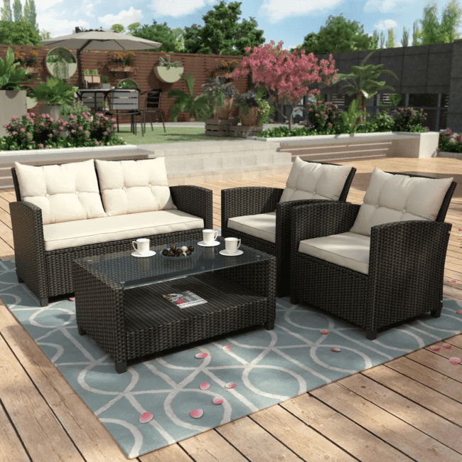 4-Piece Outdoor Wicker Sofa Set HDPE Rattan Sofa & Glass Top Center Table(Black & Cream) - Image 7