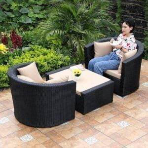 3 Piece Wicker Outdoor patio set with Table (Dark Brown & Cream)