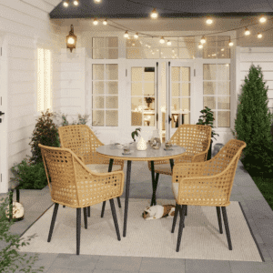 5 Piece Wicker Outdoor Indoor Space Saving Dining Set(Beige & Cream)Table Without Glass Top