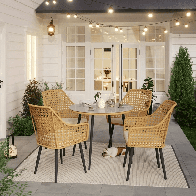 5 Piece Wicker Outdoor Indoor Space Saving Dining Set(Beige & Cream)Table Without Glass Top