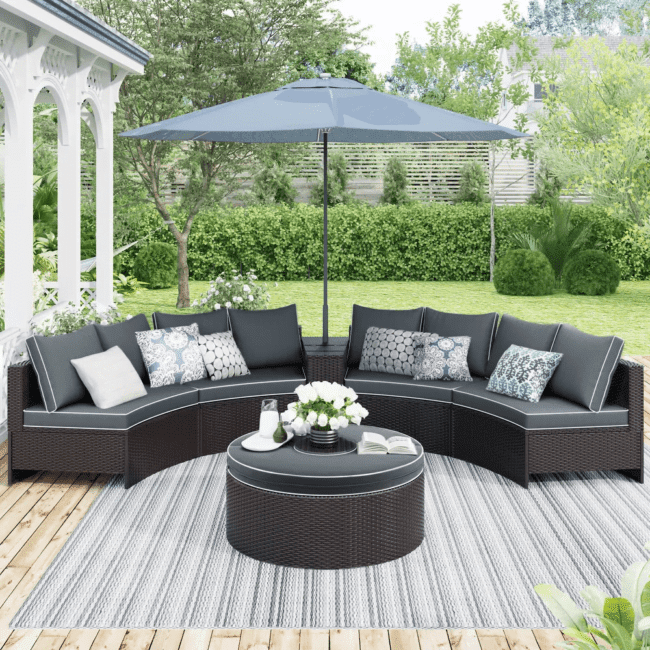 Dark Brown 6-Piece Wicker Rattan Half-Moon Outdoor Sectional Sofa Set with Round Center Table