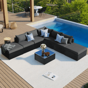 Rattan L-Shape Outdoor Wicker Sofa Couch with Ottoman & Square Glass Top Coffee Table (Black & Grey)
