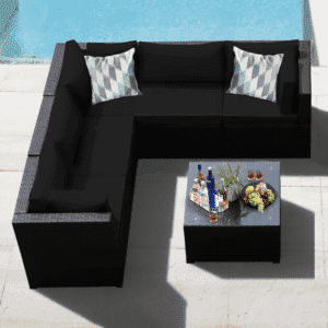 Outdoor 3 Piece Dark Brown Wicker Sectional L-Shape Sofa Conversation Set with Glass Top Center Table