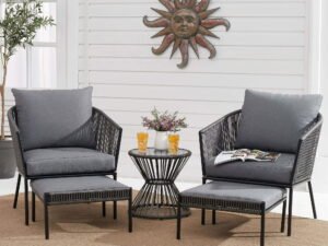 5 Piece Outdoor Patio Set with Ottoman & Side Table (Grey)