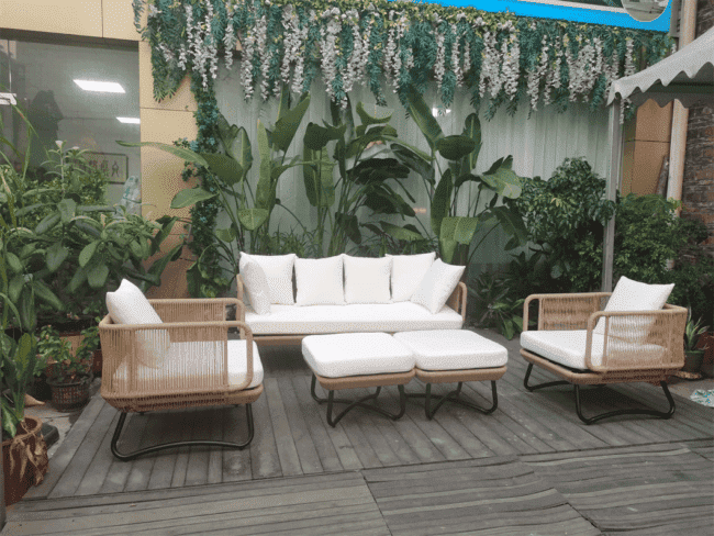 Outdoor 7 Seater Beige Rope Sofa Conversation Set With Ottomans