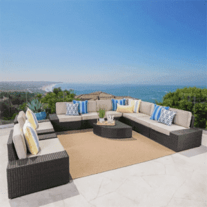 Outdoor L-Shape Wicker Patio Sectional Conversation Set & Coffee Table (Dark Brown & Cream)