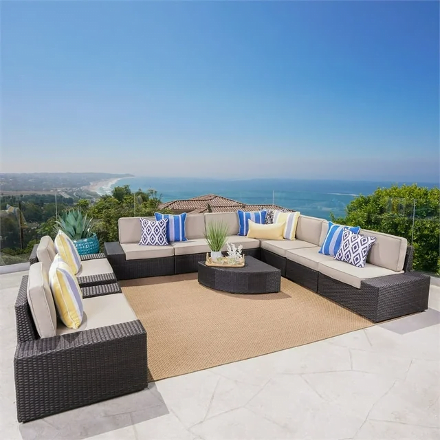 Outdoor L-Shape Wicker Patio Sectional Conversation Set & Coffee Table (Dark Brown & Cream)