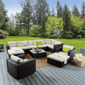 7 Pieces Patio Furniture Set, Outdoor Large Sectional Sofa with Table and Ottoman (Dark Brown & Cream)