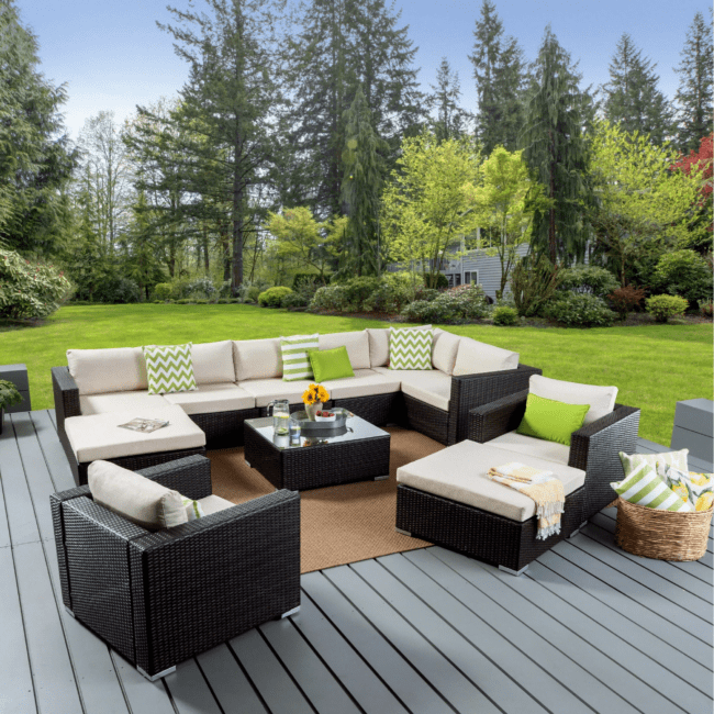 7 Pieces Patio Furniture Set, Outdoor Large Sectional Sofa with Table and Ottoman (Dark Brown & Cream)