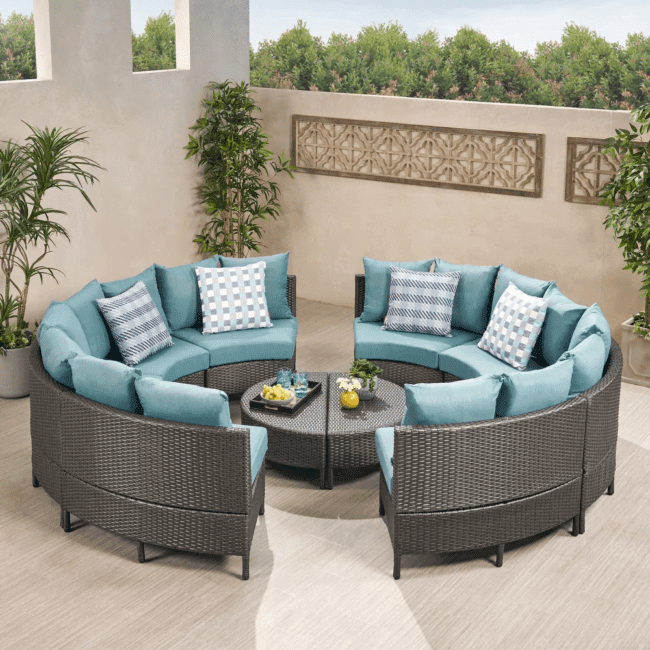 10 Piece Oval Shape Outdoor Wicker Patio Furniture (Dark Brown & Sky-Blue)