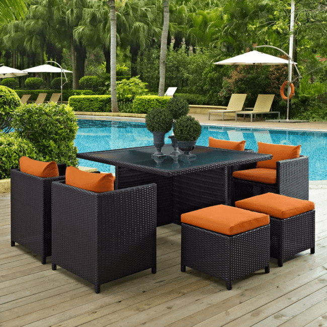 7 Piece Outdoor Wicker Dining Set With Ottoman And Table(Dark Brown & Orange)Table Without Glass Top