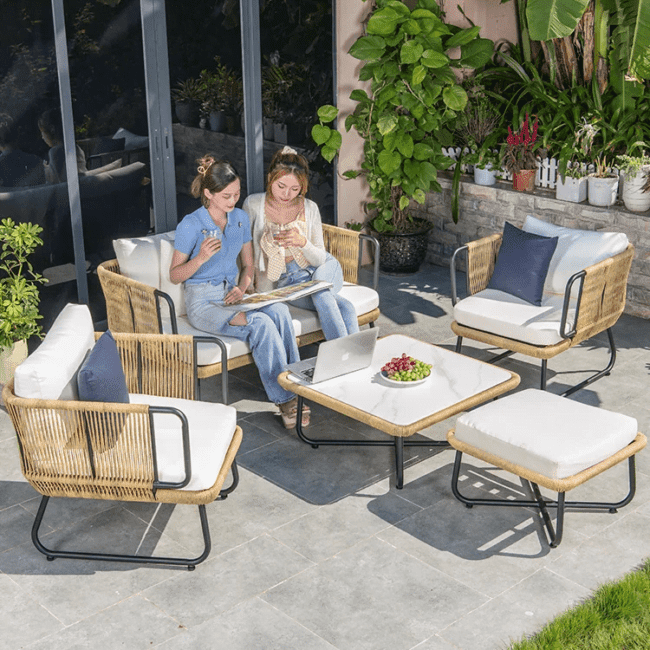 Outdoor 5pcs All-Weather Rope Sofa Set with Cushions (Beige & White) - Image 9