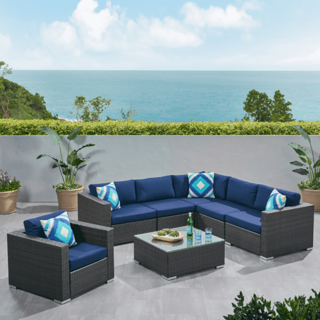 HDPE Wicker Rattan 4-Piece Outdoor L-Shape Sectional Sofa Set and Glass Top Center Table (Dark Brown & Navy Blue)