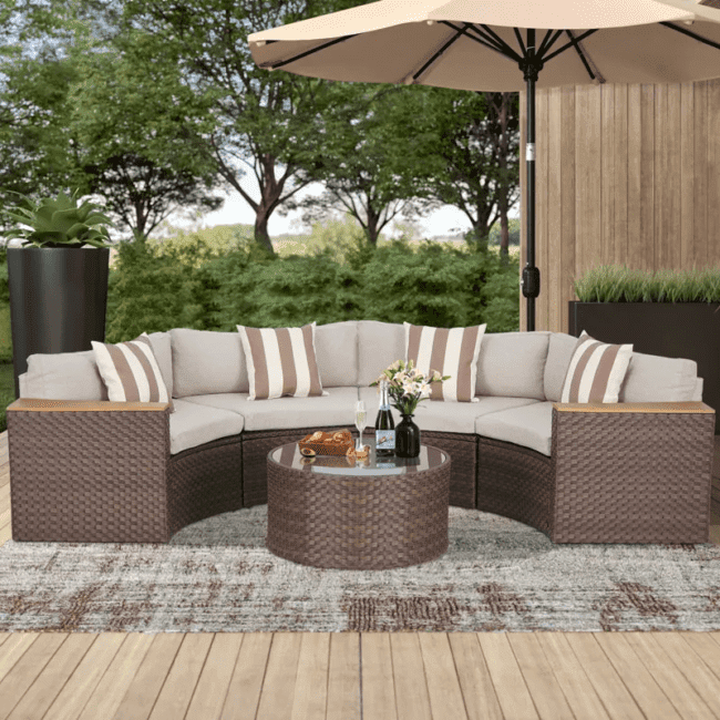 5-Piece Patio Outdoor Half-Moon Wicker Sectional Sofa Set with Wood Top Arm and Round Shape Center Table(Dark Brown & Cream)