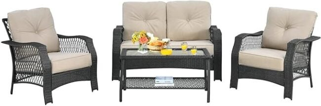 4 Piece Outdoor Patio Wicker Rattan Sofa Conversation Set & Glass Top Coffee Table (Black & Cream) - Image 5