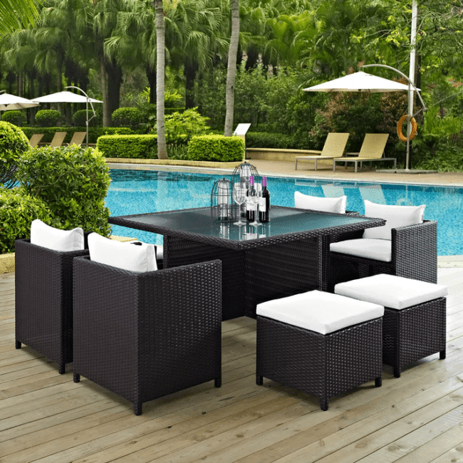 7 Piece Outdoor Wicker Dining Set With Ottoman And Table(Dark Brown & White)Table Without Glass Top