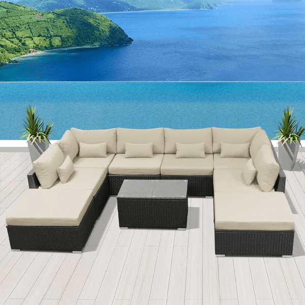 Outdoor 8 Seater Black Rattan Sectional Sofa Set with Cream Cushions